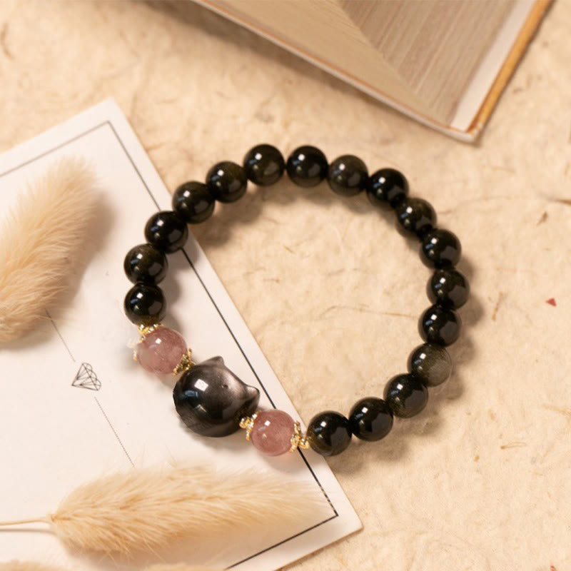 Buddha Stones Black Obsidian Strawberry Quartz Beads Silver Sheen Obsidian Cat Head Strength Bracelet Bracelet BS Black Obsidian(Wrist Circumference: 15-17cm)