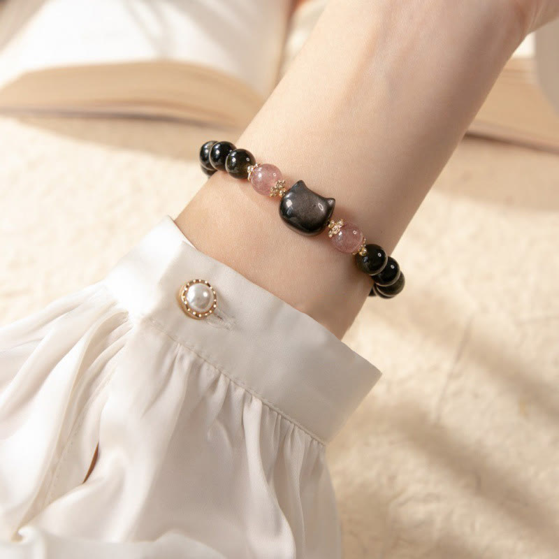Buddha Stones Black Obsidian Strawberry Quartz Beads Silver Sheen Obsidian Cat Head Strength Bracelet Bracelet BS 3
