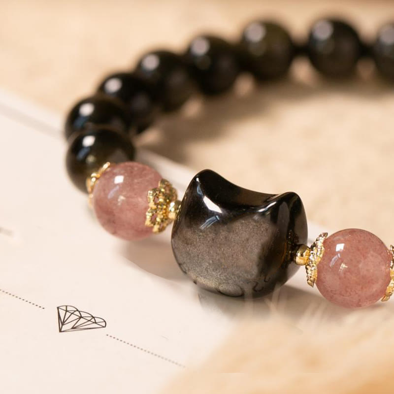 Buddha Stones Black Obsidian Strawberry Quartz Beads Silver Sheen Obsidian Cat Head Strength Bracelet Bracelet BS 2