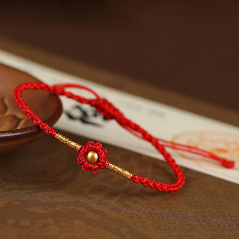 Buddha Stones 999 Gold Mini Bead Handmade Flower Design Luck Protection Rope Bracelet Bracelet BS 4mm Bead Red(Wrist Circumference 14-18cm)