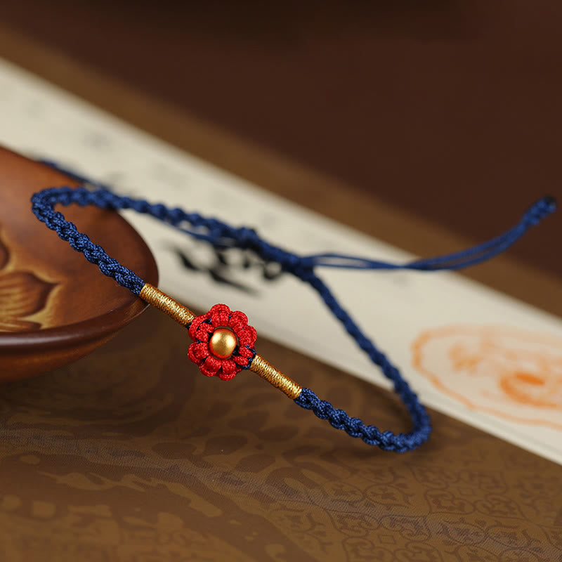 Buddha Stones 999 Gold Mini Bead Handmade Flower Design Luck Protection Rope Bracelet Bracelet BS 4mm Bead Blue(Wrist Circumference 14-18cm)