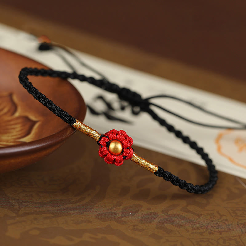Buddha Stones 999 Gold Mini Bead Handmade Flower Design Luck Protection Rope Bracelet Bracelet BS 4mm Bead Black(Wrist Circumference 14-18cm)