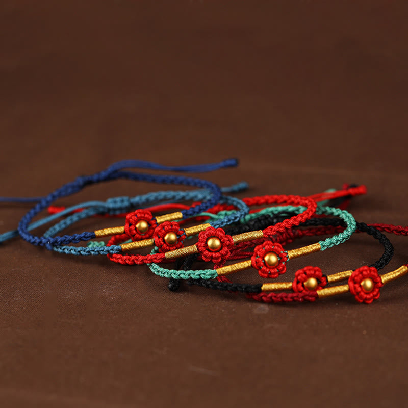 Buddha Stones 999 Gold Mini Bead Handmade Flower Design Luck Protection Rope Bracelet Bracelet BS 1