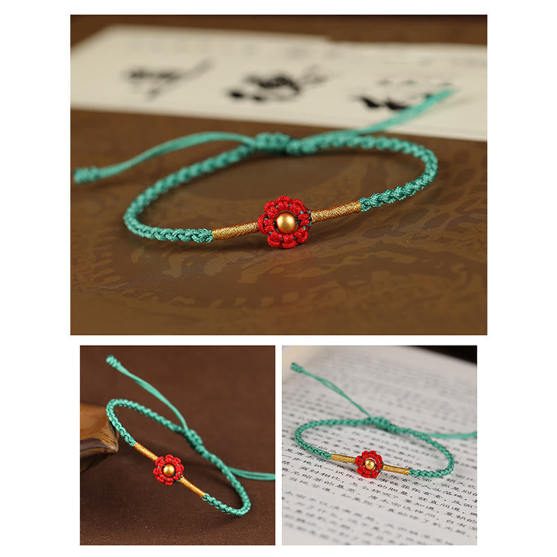 Buddha Stones 999 Gold Mini Bead Handmade Flower Design Luck Protection Rope Bracelet Bracelet BS 13
