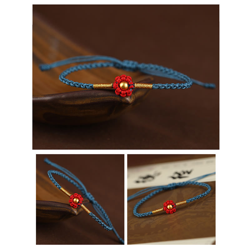 Buddha Stones 999 Gold Mini Bead Handmade Flower Design Luck Protection Rope Bracelet Bracelet BS 10