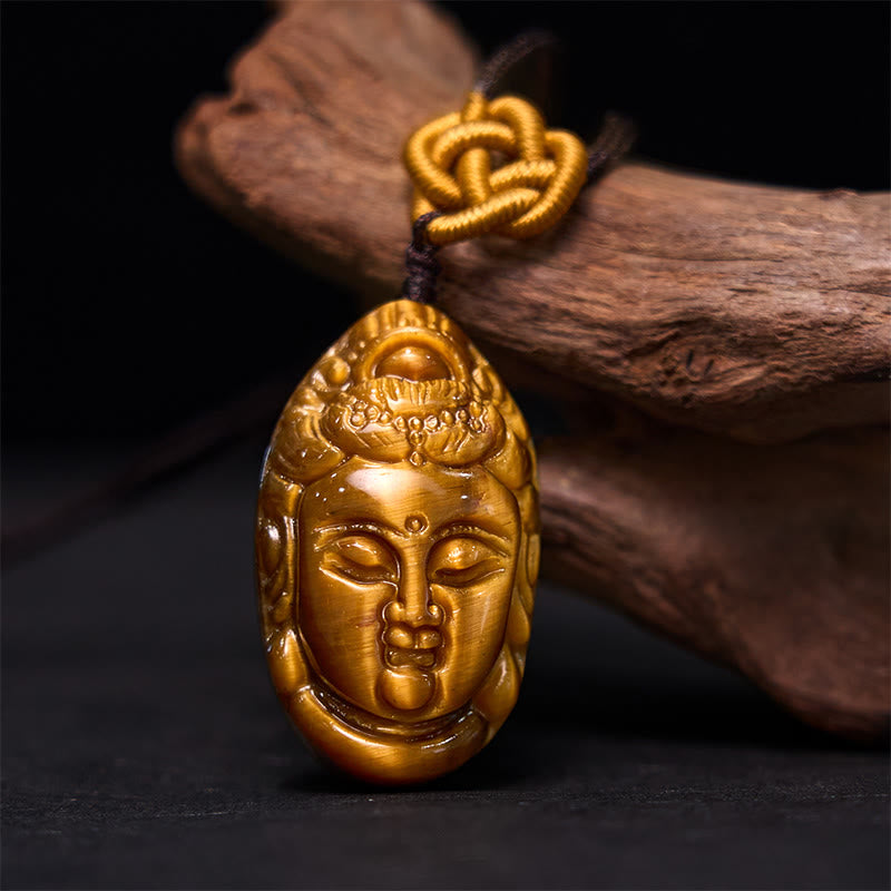Foviel Tiger Eye Kwan Yin Avalokitesvara Head String Strength Necklace Pendant