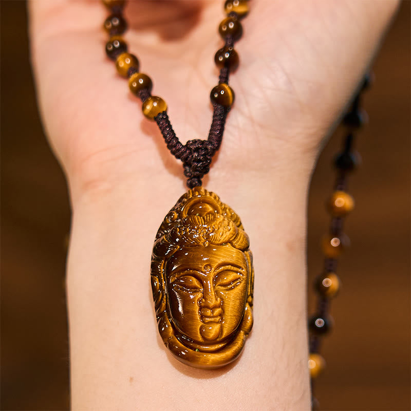 Foviel Tiger Eye Kwan Yin Avalokitesvara Head String Strength Necklace Pendant
