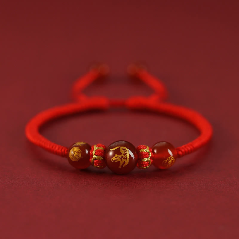 Buddha Stones Handmade Red Agate Chinese Zodiac Red String Braided Protection Bracelet Bracelet BS Red Agate Chinese Zodiac-Tiger