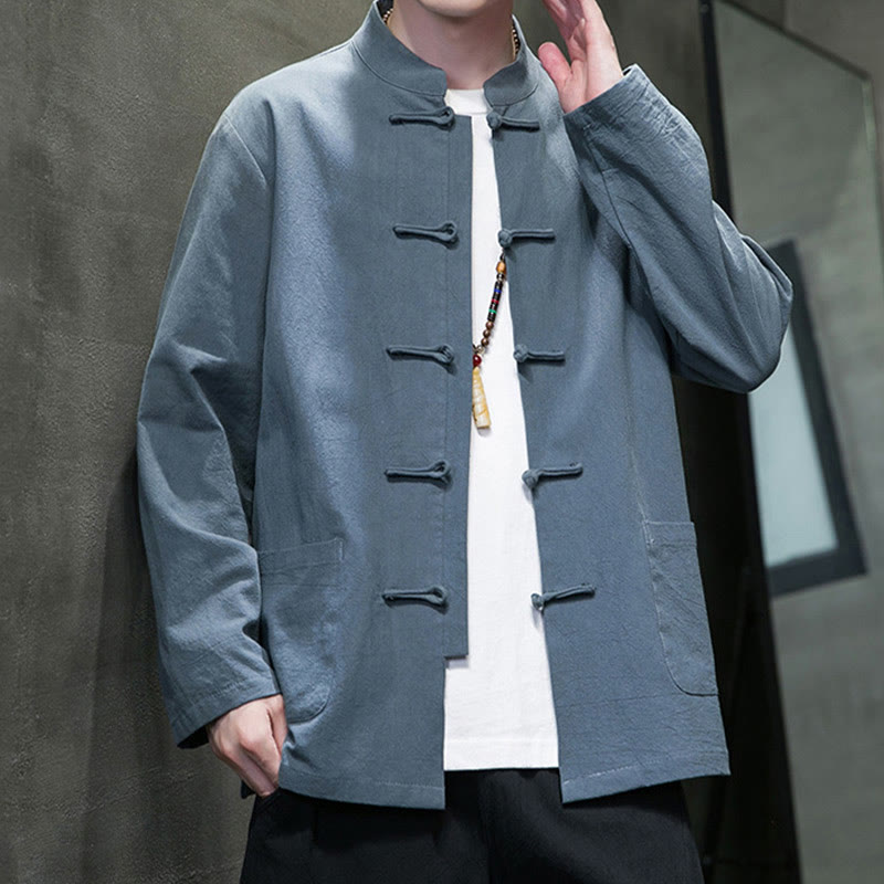 Buddha Stones Solid Color Frog-button Tang Suit Cotton Linen Men's Jacket Shirt With Pockets - image 2