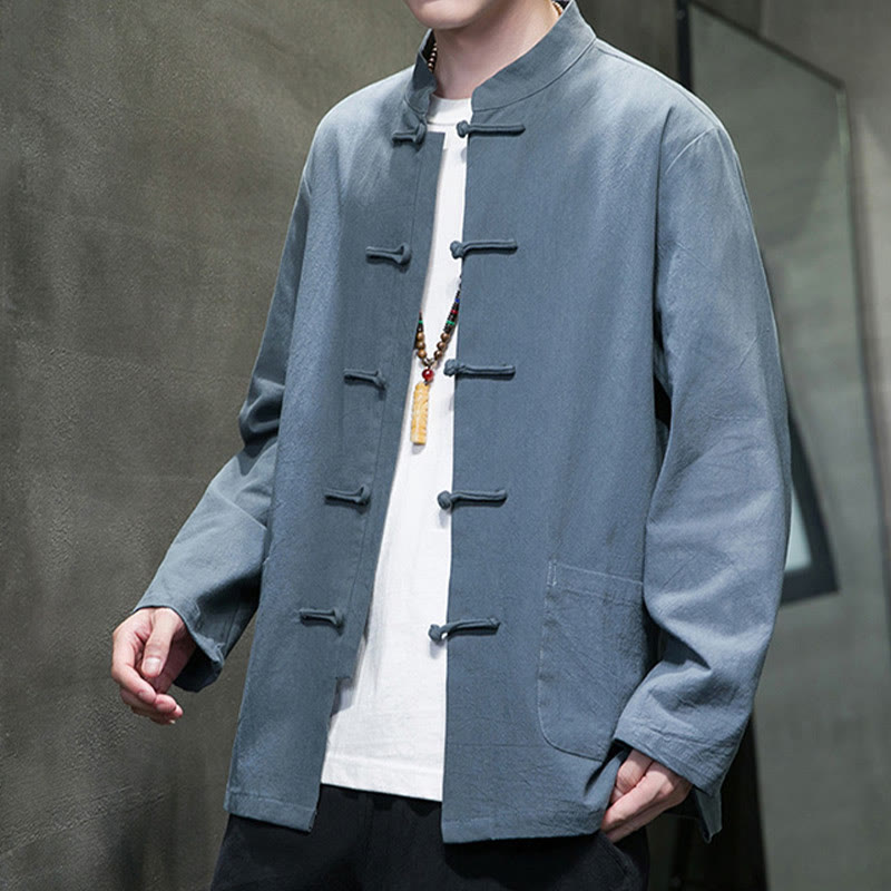 Buddha Stones Solid Color Frog-button Tang Suit Cotton Linen Men's Jacket Shirt With Pockets - image 1
