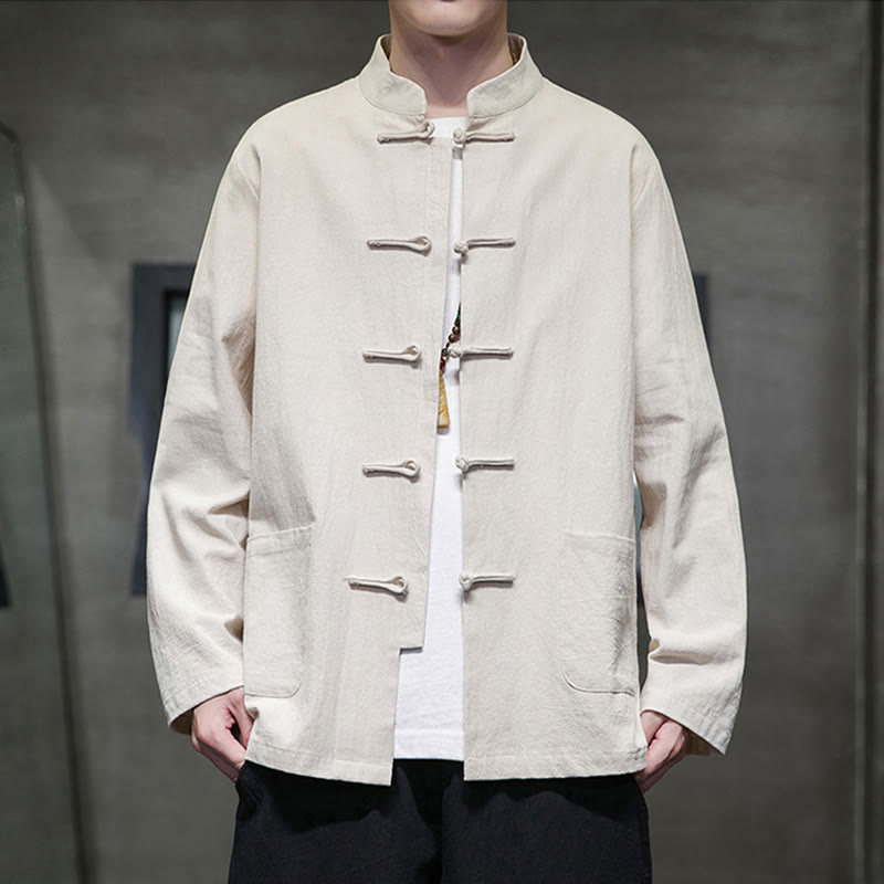 Buddha Stones Solid Color Frog-button Tang Suit Cotton Linen Men's Jacket Shirt With Pockets - Beige - US/UK/AU46,EU56 (5XL) - image 11