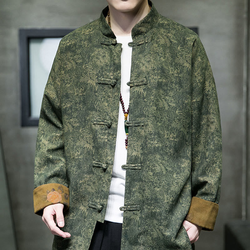 Buddha Stones Leaves Flower Frog-button Tang Suit Cotton Men's Jacket Shirt - ForestGreen - US/UK/AU46,EU56 (5XL) - image 0