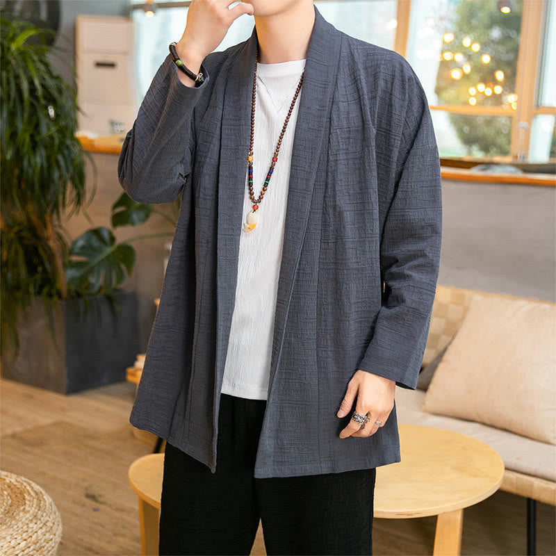 Buddha Stones Fall Simple Loose Plain Linen Blend Men's Mid-length Coat Clothing - LightSlateGray - US/UK/AU42,EU52 (3XL) - image 0