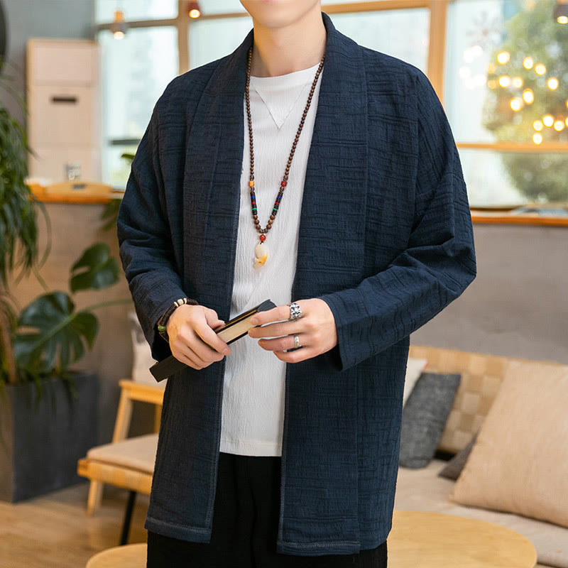 Buddha Stones Fall Simple Loose Plain Linen Blend Men's Mid-length Coat Clothing - Navy - US/UK/AU42,EU52 (3XL) - image 16