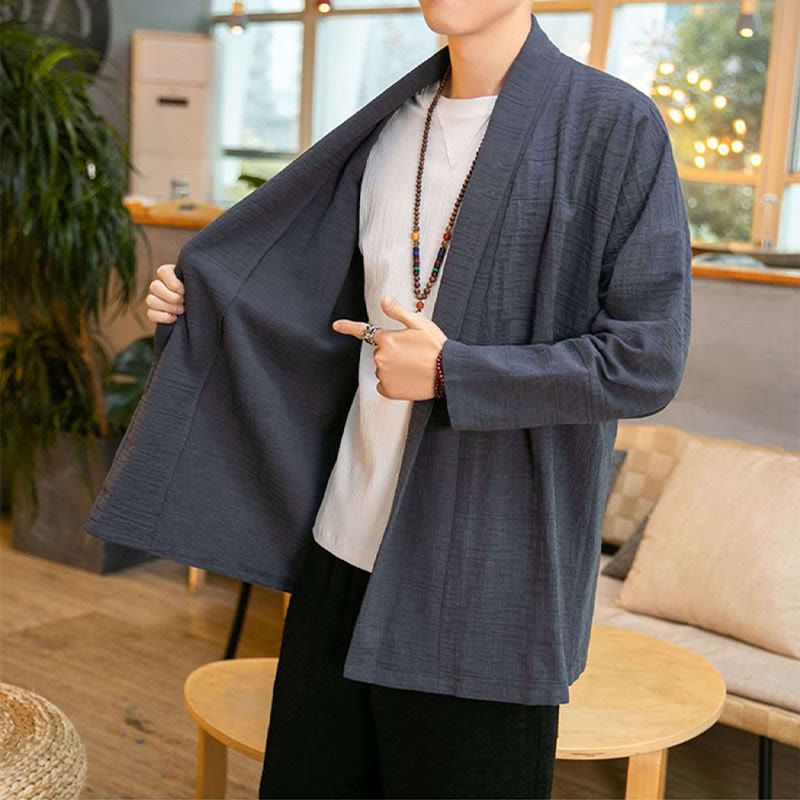 Buddha Stones Fall Simple Loose Plain Linen Blend Men's Mid-length Coat Clothing - image 3