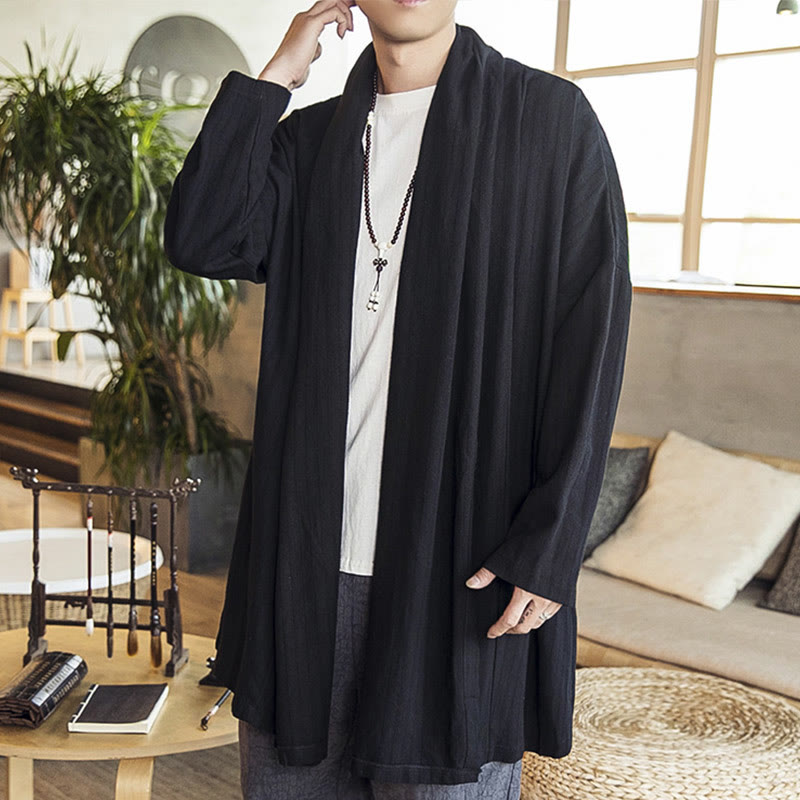 Buddha Stones Fall Simple Casual Loose Plain Linen Blend Men's Mid-length Coat Clothing Men's Coat BS Black US/UK/AU42,EU52 (3XL)