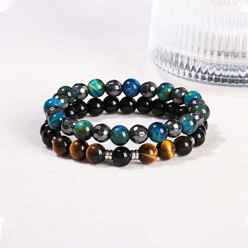 Foviel 2Pcs Hematite Tiger Eye Blue Tiger Eye Powerful Bracelet Set