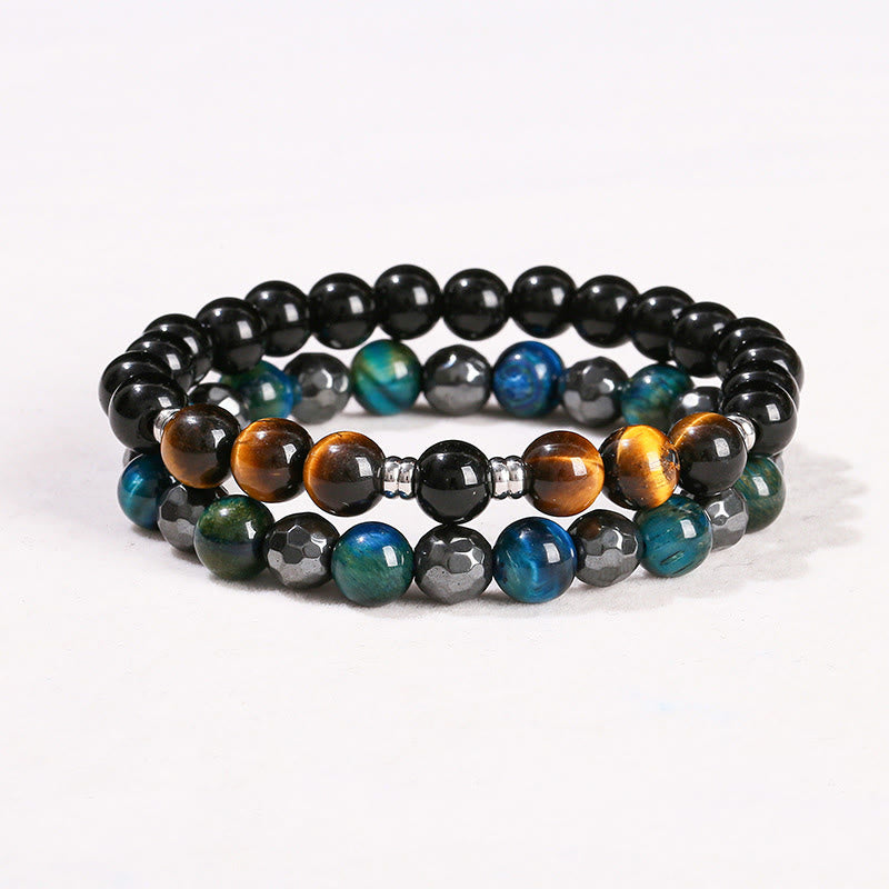 Foviel 2Pcs Hematite Tiger Eye Blue Tiger Eye Powerful Bracelet Set