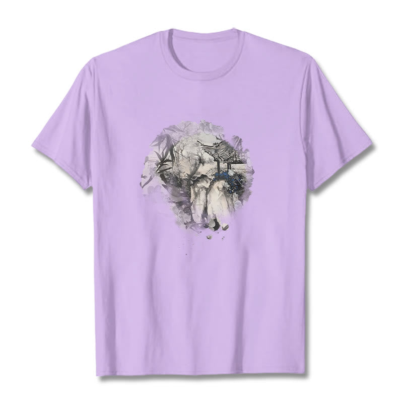 Foviel chinesische Bambus Mountain Pavilion Designmuster Tee T-Shirt