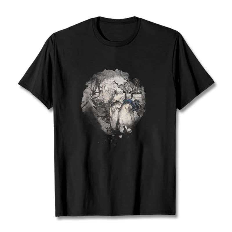 Foviel chinesische Bambus Mountain Pavilion Designmuster Tee T-Shirt