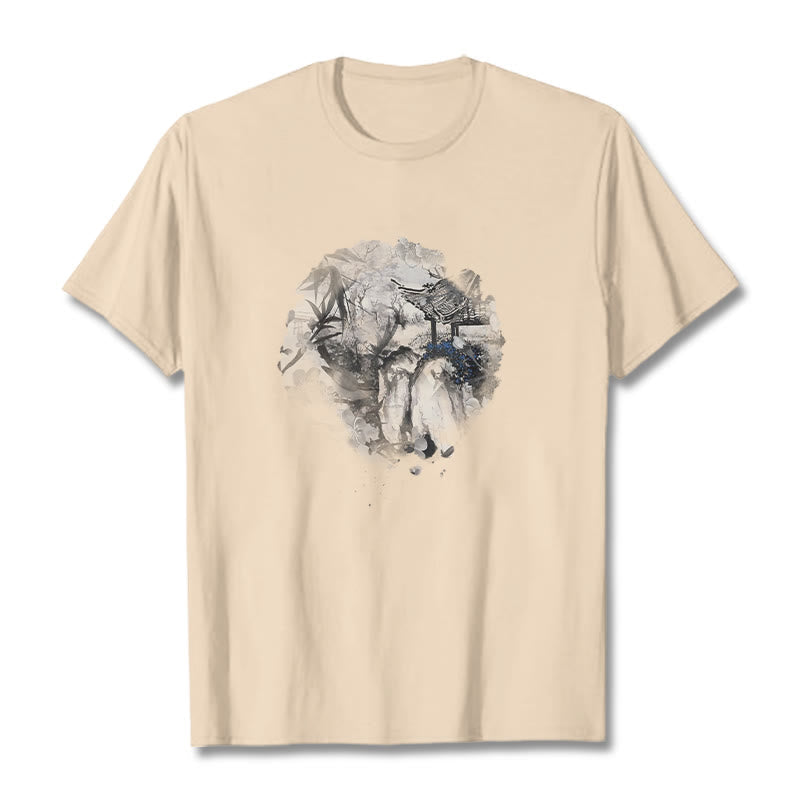 Foviel chinesische Bambus Mountain Pavilion Designmuster Tee T-Shirt