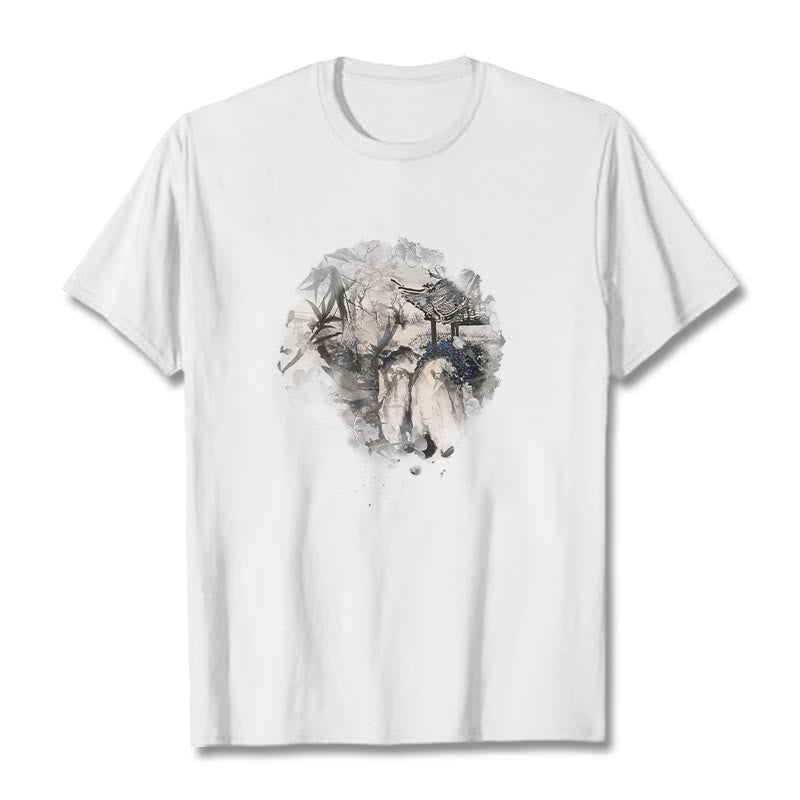 Foviel chinesische Bambus Mountain Pavilion Designmuster Tee T-Shirt