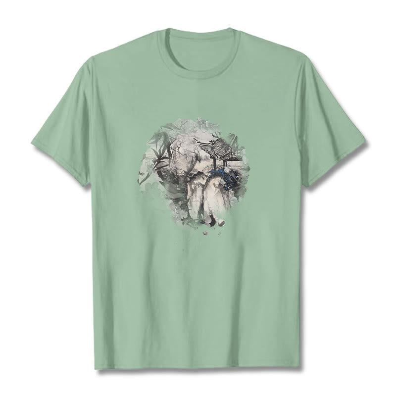 Foviel chinesische Bambus Mountain Pavilion Designmuster Tee T-Shirt