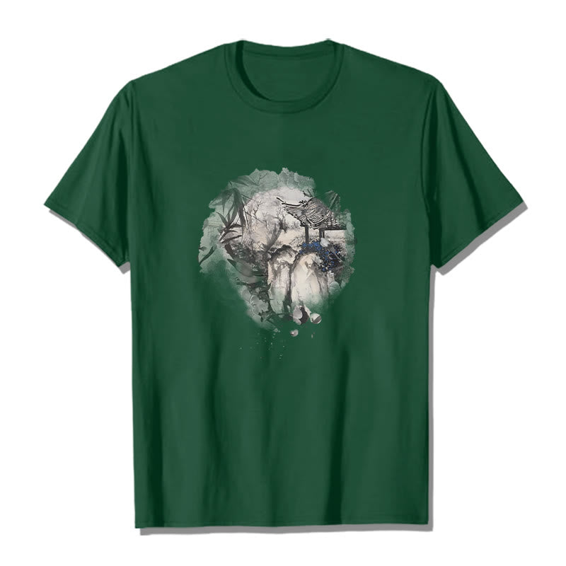 Foviel chinesische Bambus Mountain Pavilion Designmuster Tee T-Shirt