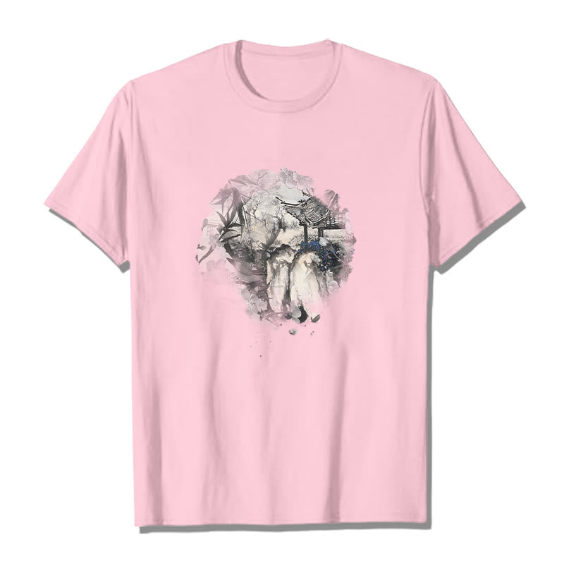 Foviel chinesische Bambus Mountain Pavilion Designmuster Tee T-Shirt
