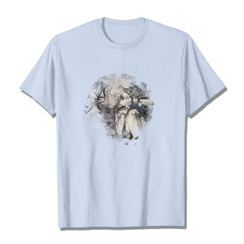 Foviel chinesische Bambus Mountain Pavilion Designmuster Tee T-Shirt