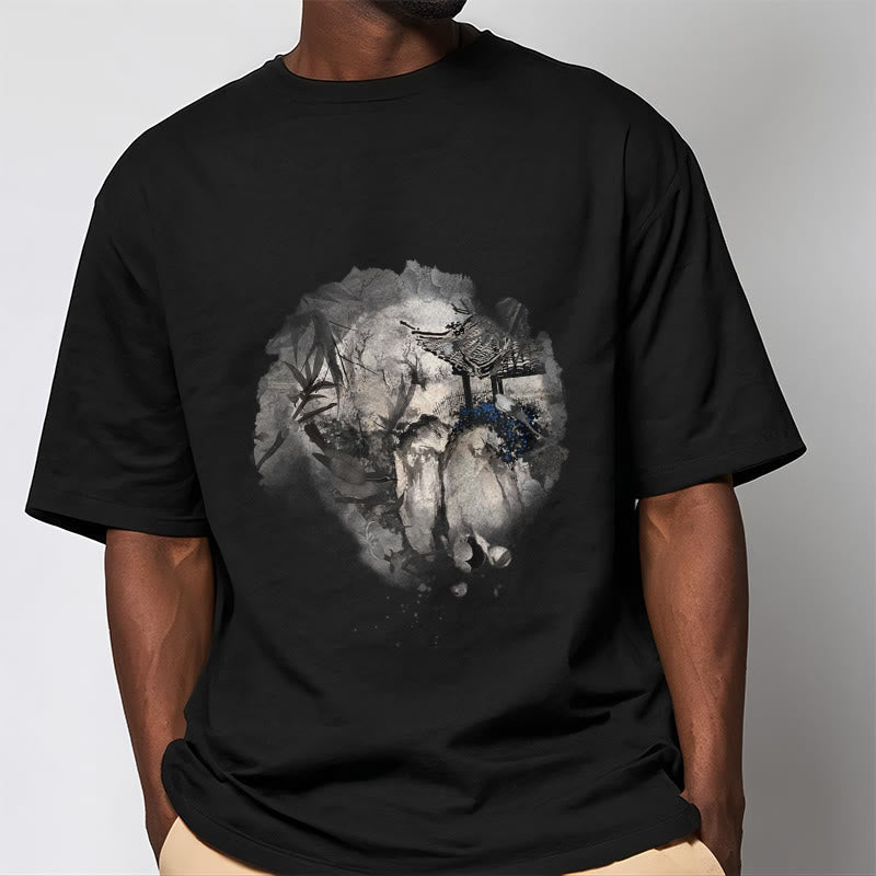 Foviel chinesische Bambus Mountain Pavilion Designmuster Tee T-Shirt