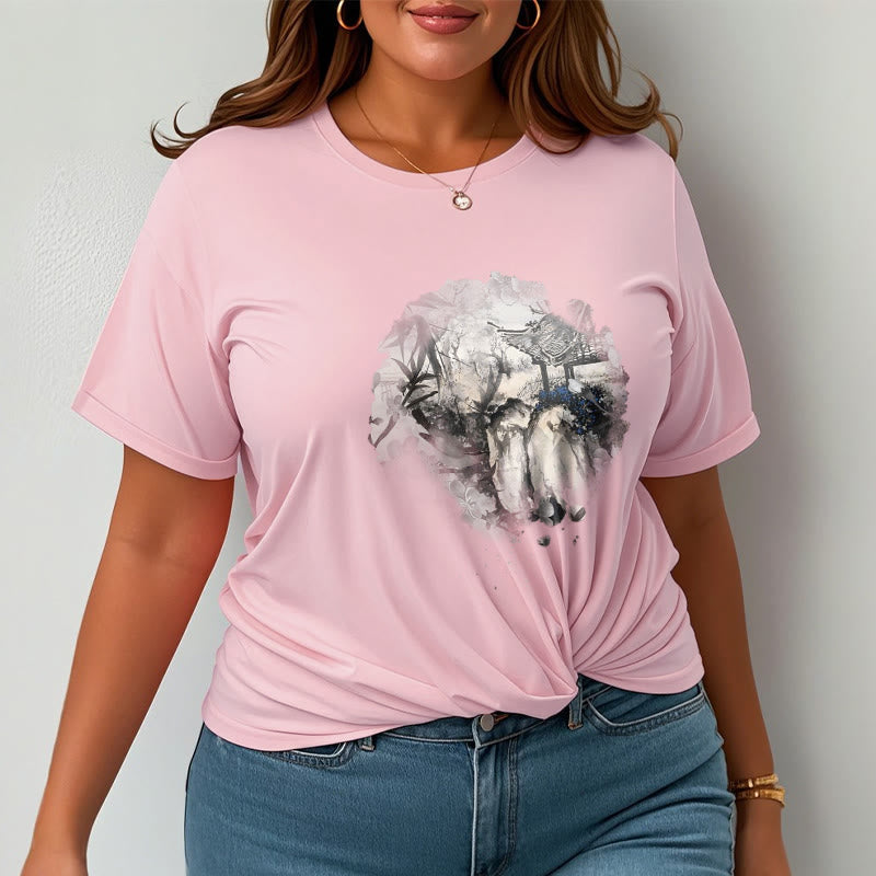 Foviel chinesische Bambus Mountain Pavilion Designmuster Tee T-Shirt