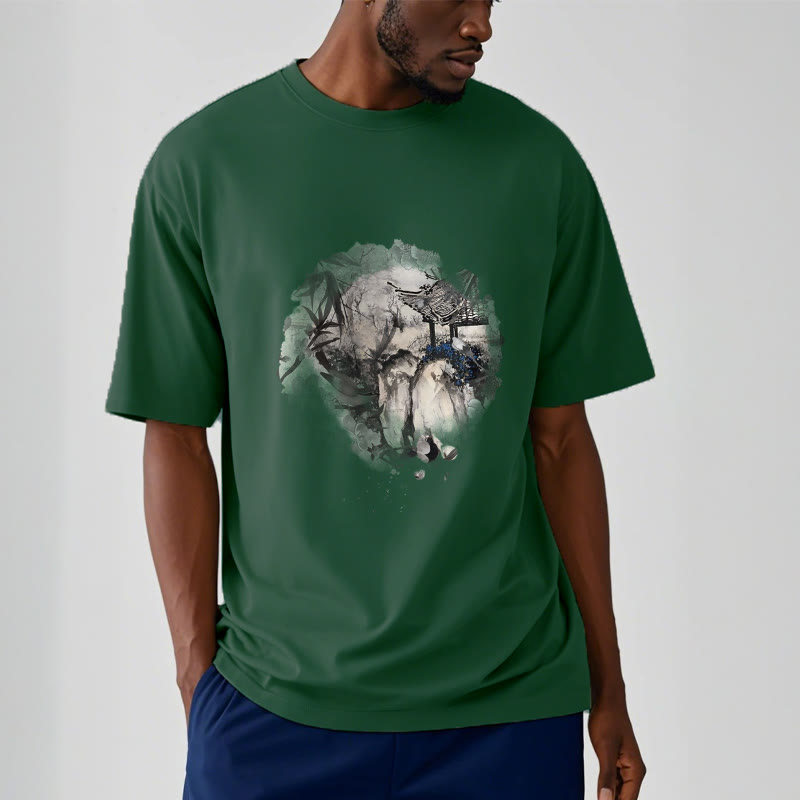 Foviel chinesische Bambus Mountain Pavilion Designmuster Tee T-Shirt