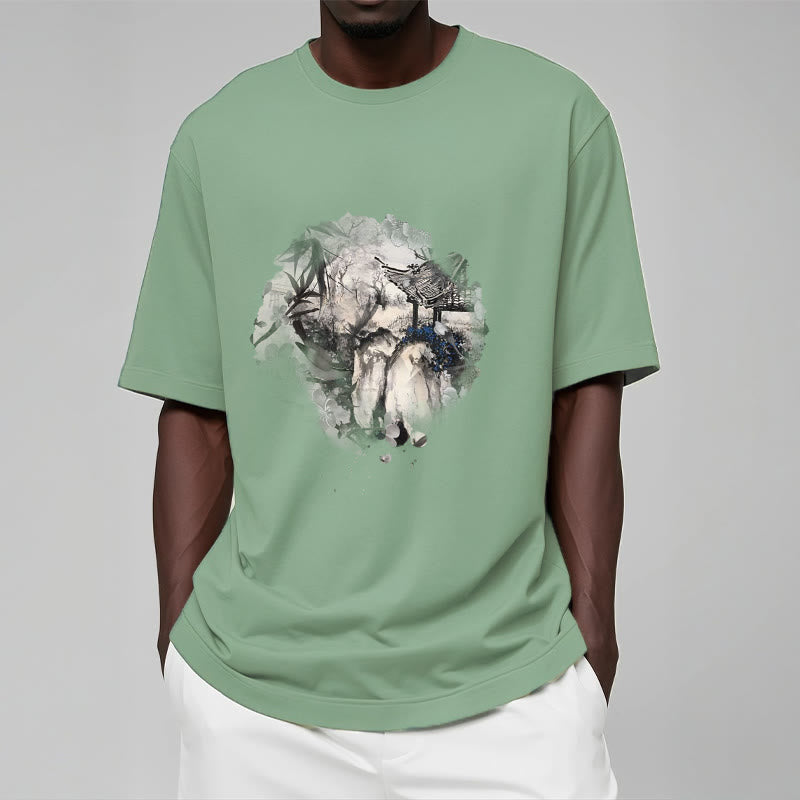 Foviel chinesische Bambus Mountain Pavilion Designmuster Tee T-Shirt