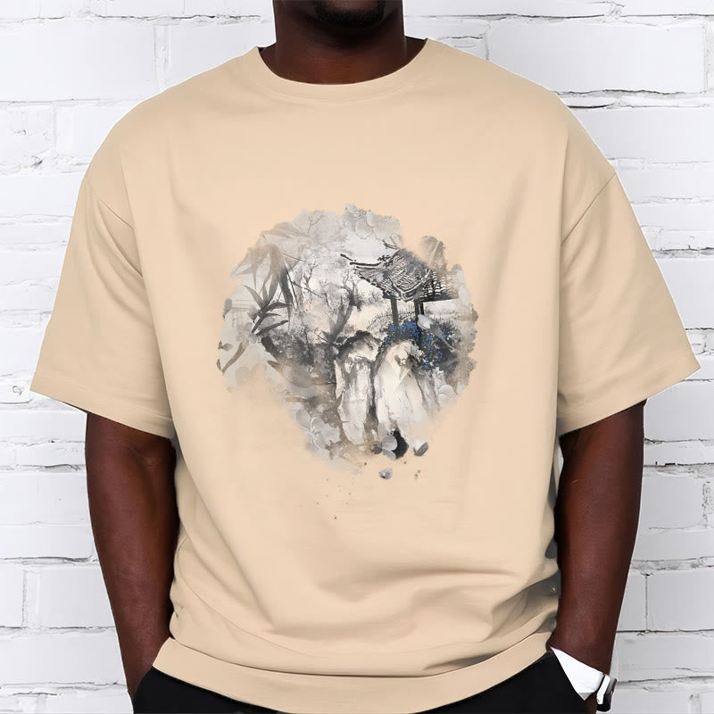 Foviel chinesische Bambus Mountain Pavilion Designmuster Tee T-Shirt