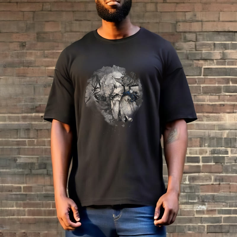 Foviel chinesische Bambus Mountain Pavilion Designmuster Tee T-Shirt
