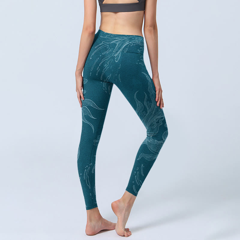Buddha Stones Blue Koi Fish Flowing Waves Print Gym Leggings Women's Yoga Pants - image 5