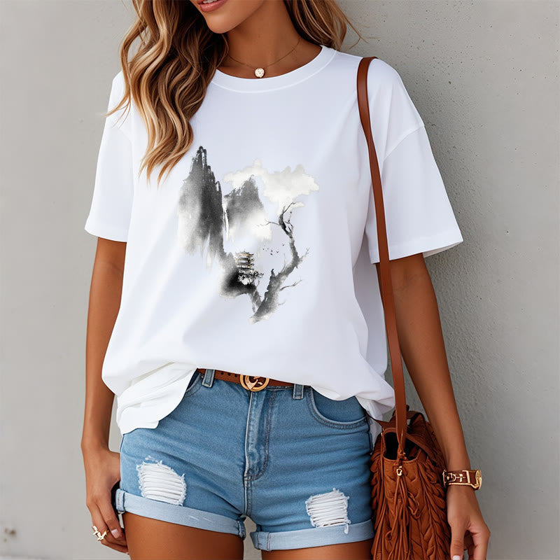 Foviel Pavilion Tree Geese Around The Mountains Pattern Tee T-shirt