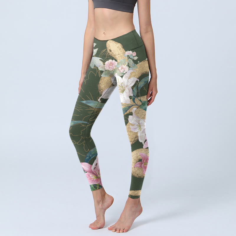 Buddha Stones Green Golden Snake Lily Peony Flowers Print Gym Leggings Women's Yoga Pants - DarkOliveGreen - US18,UK/AU22,EU50 (4XL) - image 0