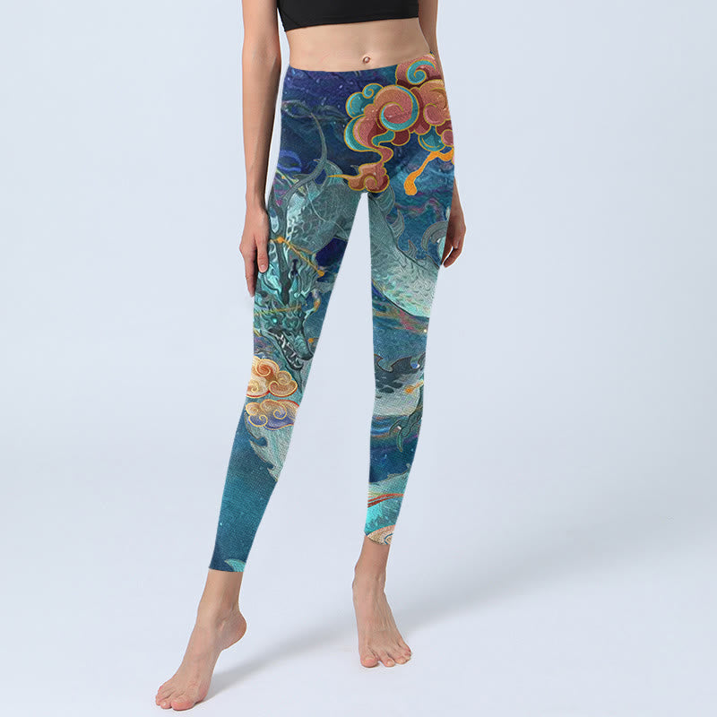 Buddha Stones Blue Dragon Auspicious Clouds Print Gym Leggings Women's Yoga Pants - image 5