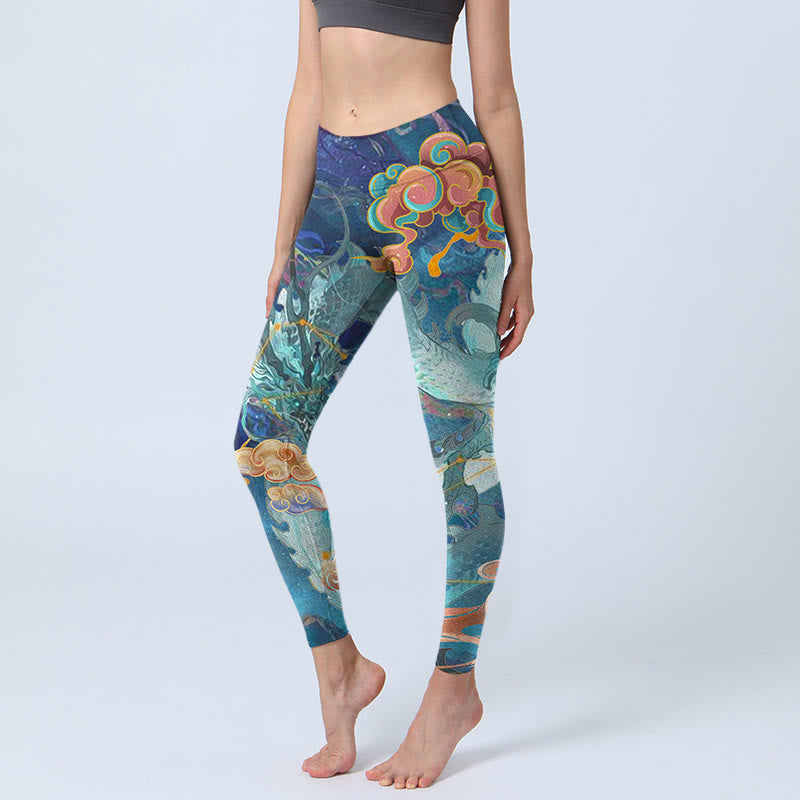 Buddha Stones Blue Dragon Auspicious Clouds Print Gym Leggings Women's Yoga Pants - SteelBlue - US18,UK/AU22,EU50 (4XL) - image 0