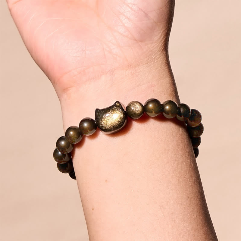 Foviel Gold Sheen Obsidian Silver Sheen Obsidian Lovely Paw Lucky Cat Protection Bracelet