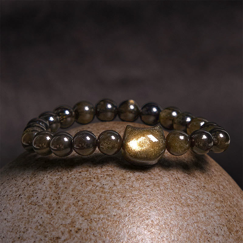 Bracelet de protection Foviel en obsidienne dorée et obsidienne argentée avec adorable chat porte-bonheur en forme de patte