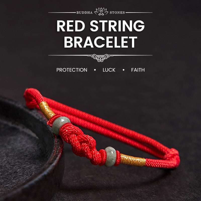 Bracelet couple tressé Foviel à nœud chinois en jade et fil rouge porte-bonheur