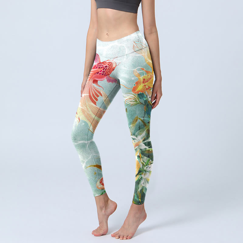 Buddha Stones Green Koi Fish White Lotus Water Ripples Print Gym Leggings Women's Yoga Pants - Honeydew - US18,UK/AU22,EU50 (4XL) - image 0