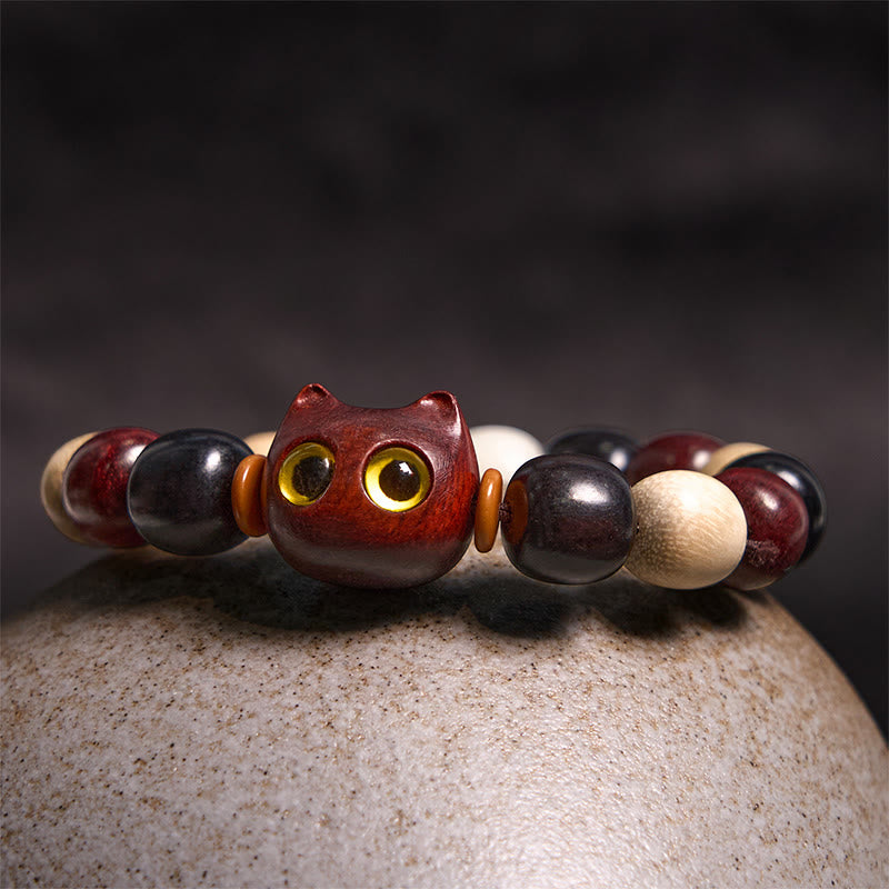 Foviel Small Leaf Red Sandalwood Ebony Wood Cute Cat Engraved Protection Bracelet
