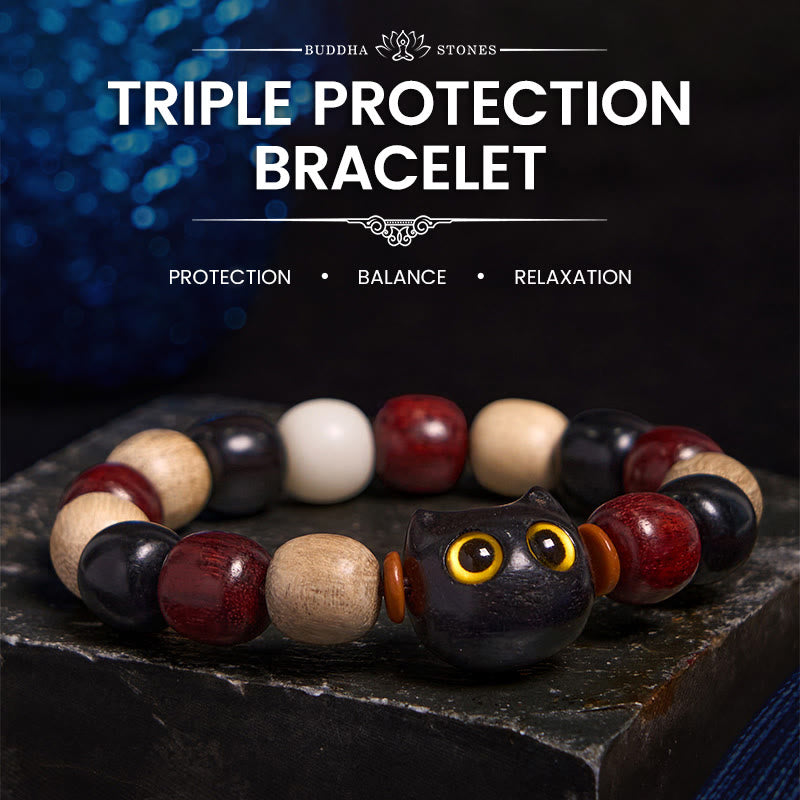 Foviel Small Leaf Red Sandalwood Ebony Wood Cute Cat Engraved Protection Bracelet