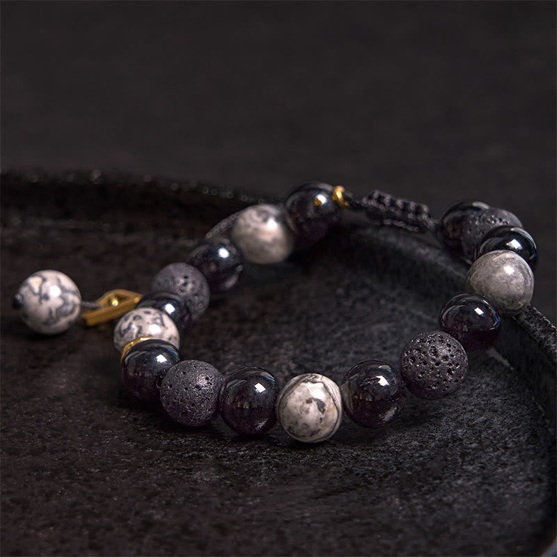 Foviel Black Obsidian Lava Rock Stone Yin Yang Strength Bracelet