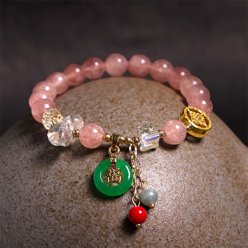 Foviel Erdbeerquarz Jade Fu Charakter Charm Heilendes Armband