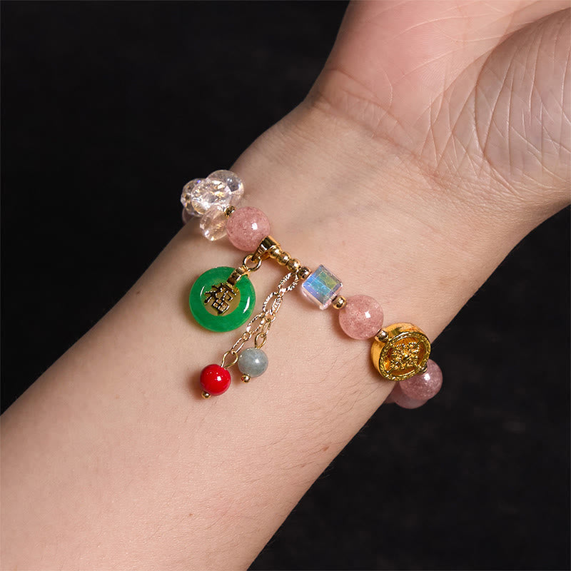 Foviel Erdbeerquarz Jade Fu Charakter Charm Heilendes Armband